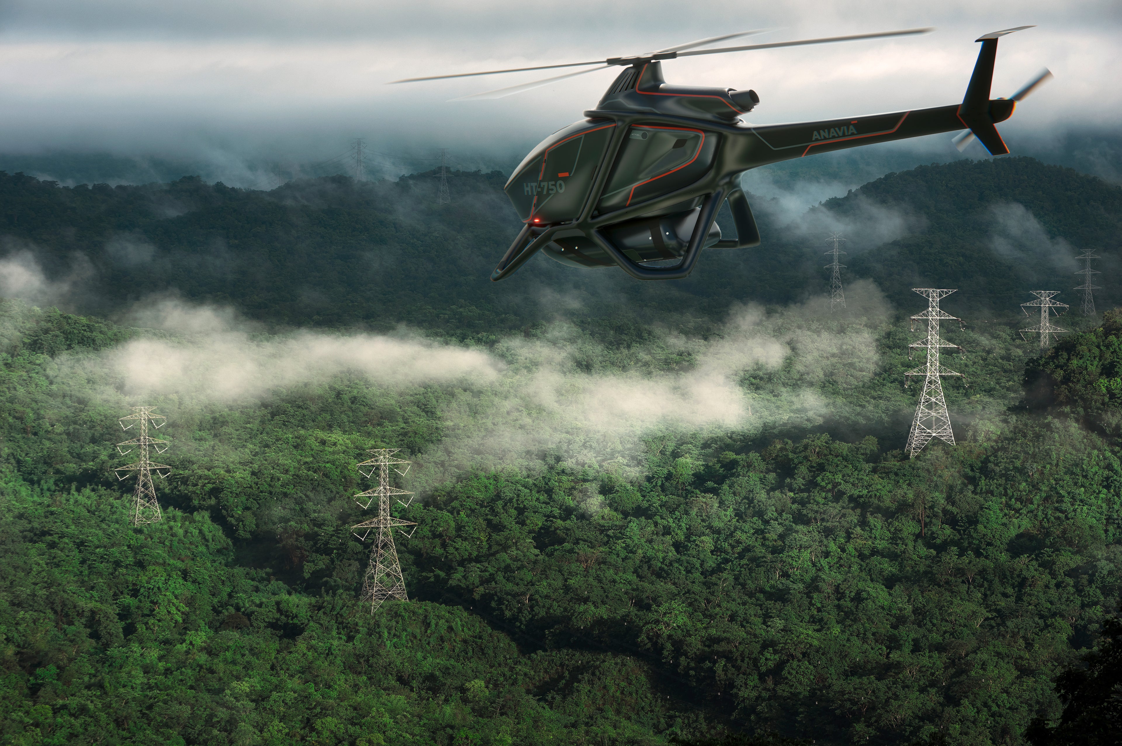 HT-750 flying over a forested area with power lines and towers.