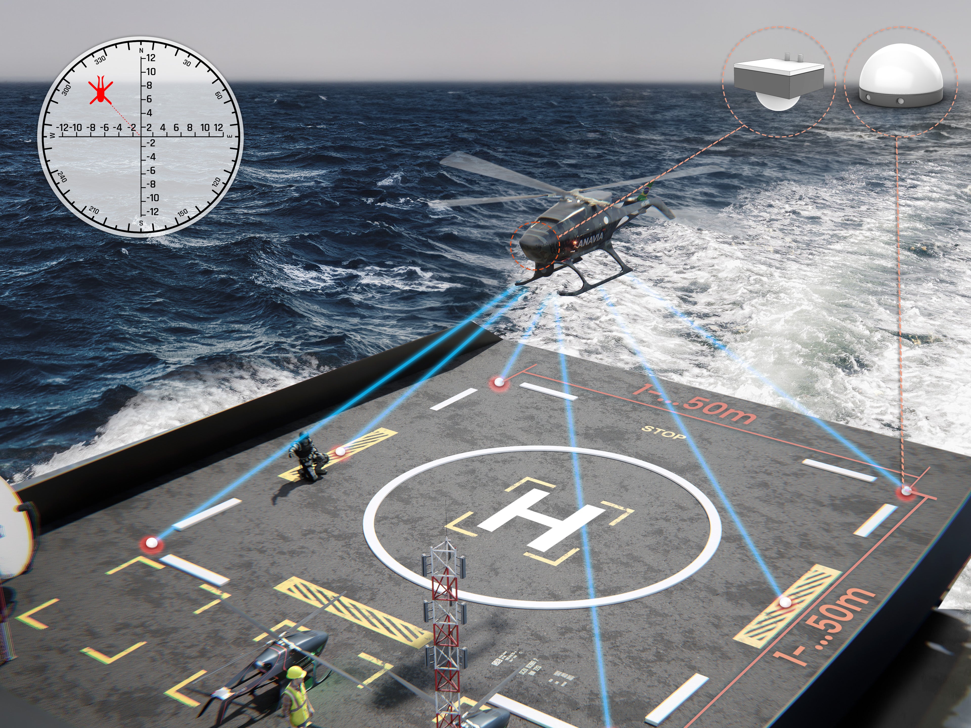 HT-100 landing on a ship's helipad with ocean background