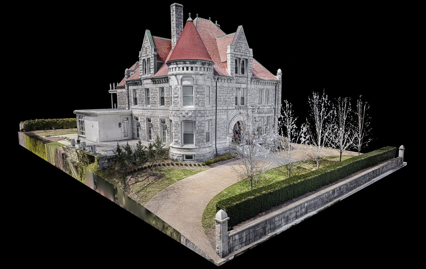 3D model of a large Victorian-style house with a driveway and garden.