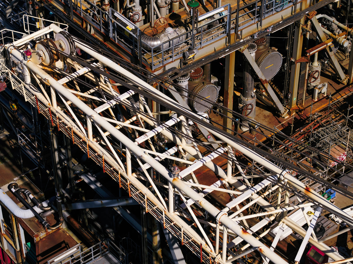 Aerial view of complex industrial machinery with various components