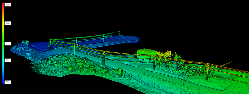 3D scan of a landscape with electrical poles and surrounding area.